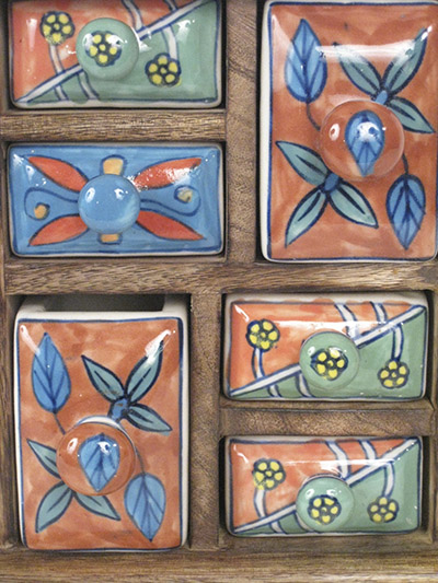 Mango Wood Ceramic 6 Drawer Almirah Varied Drawers